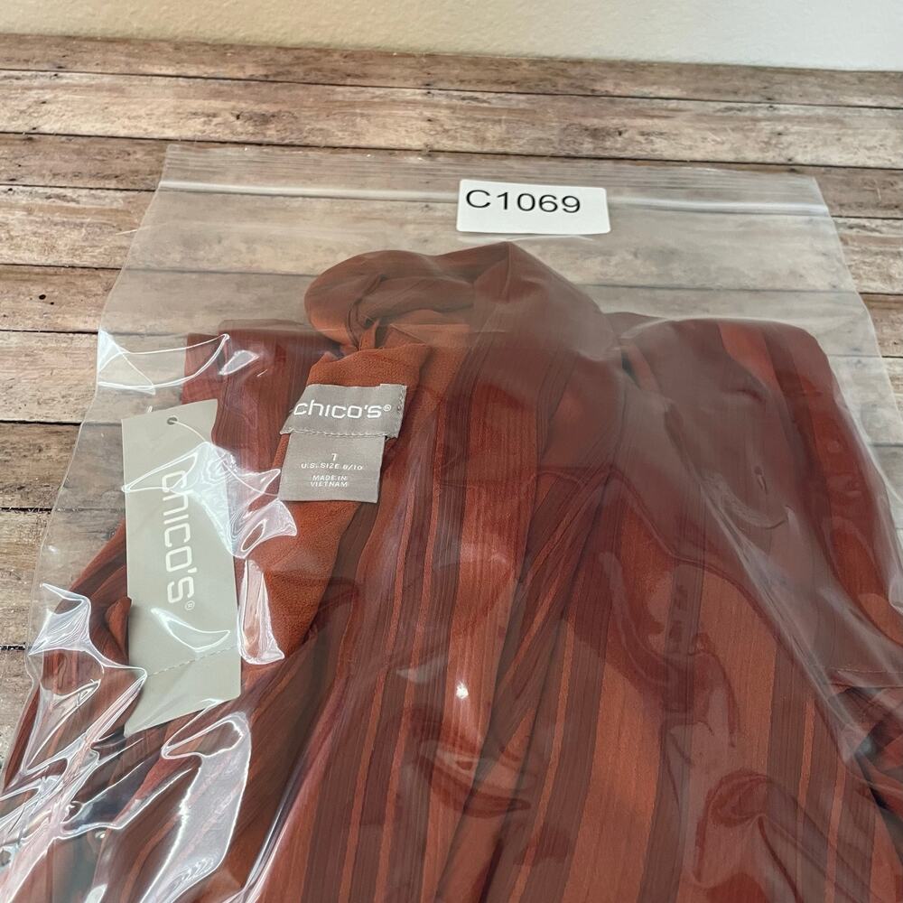 Chicos Blouse Womens Medium Bow Shadow Stripe Top Satin Terracotta Rust Sz 1 NWT - Picture 13 of 13